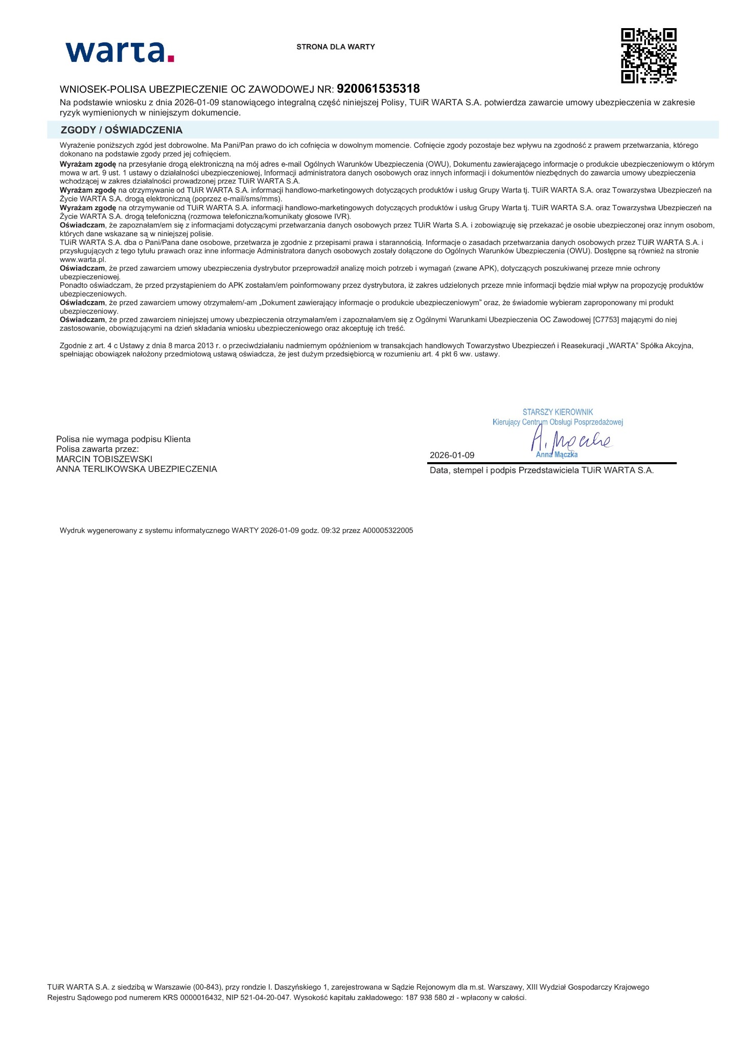 Dokument polisy ubezpieczeniowej Warta z datą, podpisem i pieczęcią, zawierający zgody i oświadczenia. Widoczny numer polisy i dane przedstawiciela TUIR WARTA S.A.