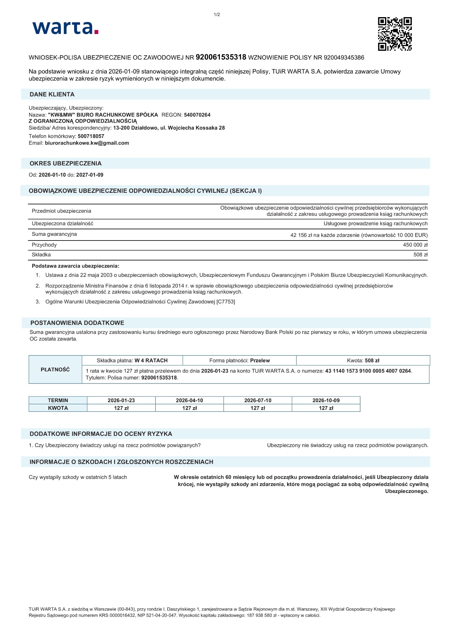 Polisa ubezpieczenia OC biura rachunkowego 'KW&MW' z Działdowa, wystawiona przez TUIR WARTA S.A. Dokument zawiera dane klienta, zakres ubezpieczenia i warunki płatności.