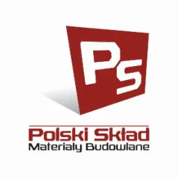 Logo 'Polski Skład Materiały Budowlane' z czerwonym kwadratem w tle z białym napisem 'PS', ukośnie ustawione, generujące cień. Minimalistyczny design.