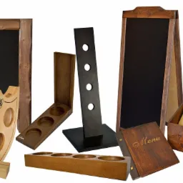 Różnorodne, ręcznie robione drewniane artykuły: tablice kredowe w rustykalnych ramach, stojaki na wino, menu w drewnianej oprawie i pojemniki na karty menu.