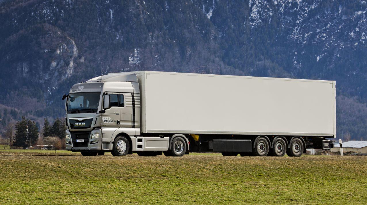 Srebrny ciągnik siodłowy MAN z białą naczepą na tle zielonego pola i gór. Widok z boku, oświetlenie dzienne, czyste niebo.