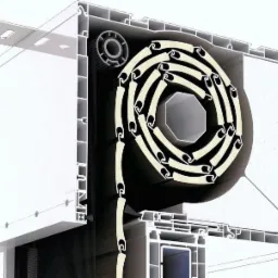 Przekrój rolety zewnętrznej z widocznym mechanizmem zwijania i profilem aluminiowym. Detal konstrukcyjny rolety, ukazujący jej budowę wewnętrzną i system mocowania.