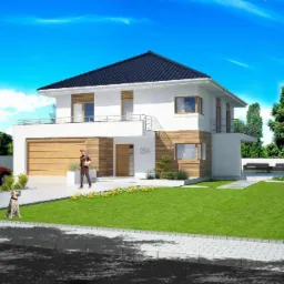 Dwukondygnacyjny dom z garażem i drewnianą elewacją, z zadbanym trawnikiem, czerwonym SUV-em na podjeździe i psem siedzącym obok chodnika.