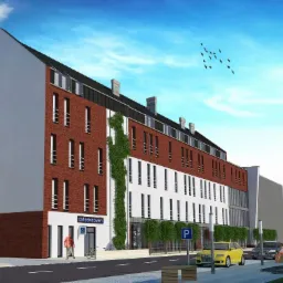 Wizualizacja budynku Coffeeheaven z ceglaną fasadą, pnącą roślinnością, parkingiem i ludźmi w otoczeniu, prezentująca projekt architektoniczny.