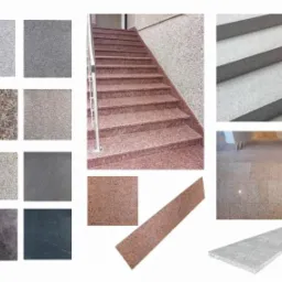 Kompozycja próbek kamienia, schodów wykończonych różowym kamieniem z metalową poręczą oraz fragmentów podłogi i schodów wykończonych jasnym kamieniem.