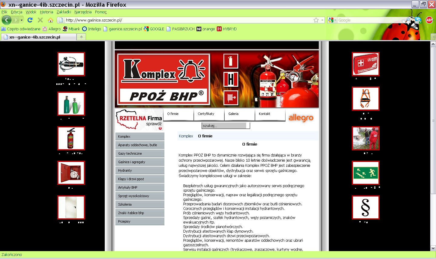 Strona internetowa firmy Komplex PPOŻ BHP z ofertą usług z zakresu ochrony przeciwpożarowej, widoczne gaśnice, znaki BHP i inne artykuły.