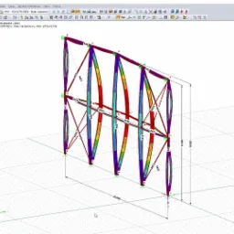 Wizualizacja 3D modelu konstrukcji stalowej w programie inżynierskim, z zaznaczonymi obciążeniami i naprężeniami na poszczególnych elementach, widoczne wymiary i oznaczenia węzłów.