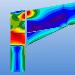 Wizualizacja naprężeń w konstrukcji stalowej, przedstawiona za pomocą gradientu kolorów, od niebieskiego (niskie naprężenia) do czerwonego (wysokie naprężenia). Widoczne elementy konstrukcyjne...