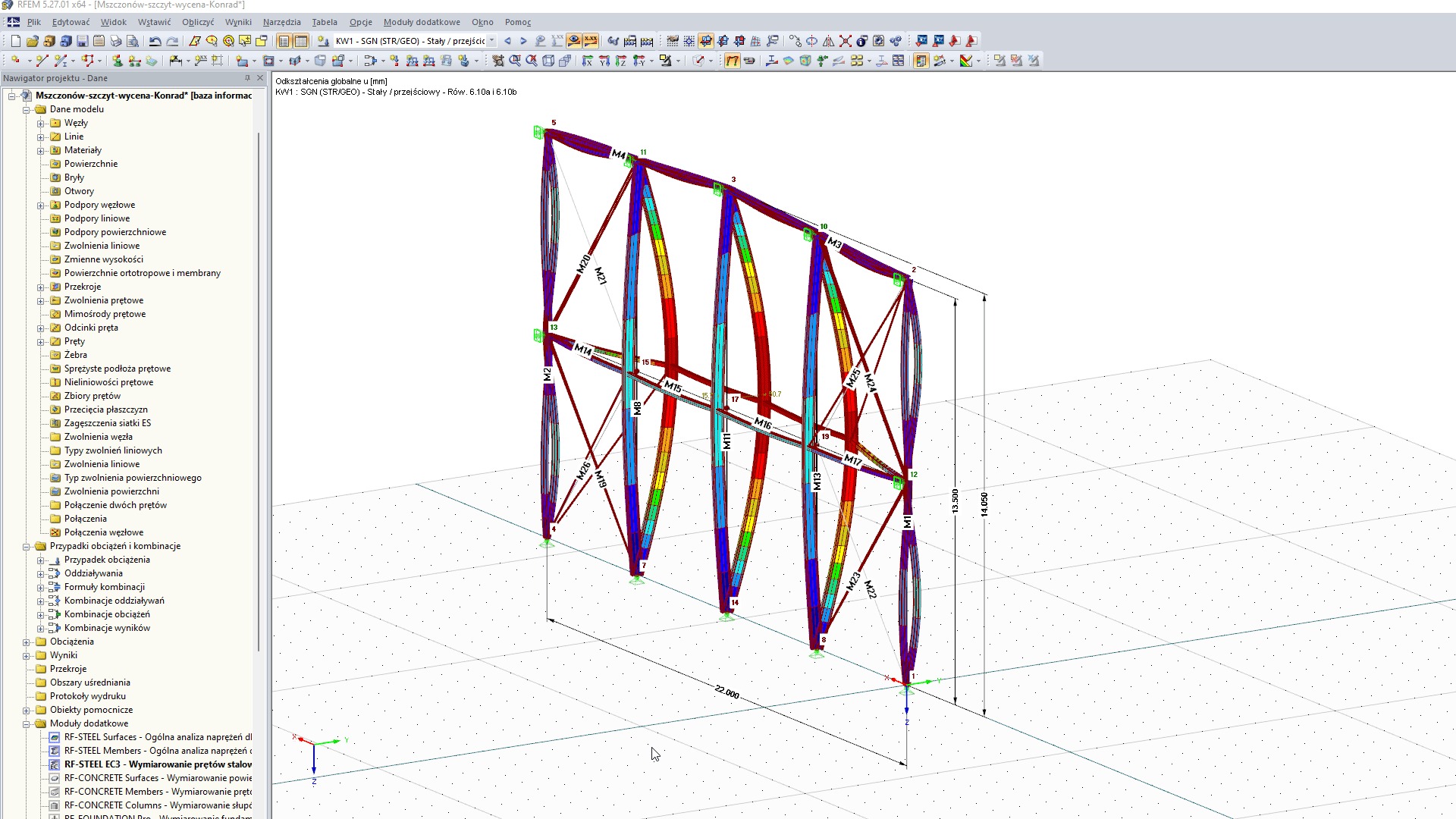Wizualizacja 3D modelu konstrukcji stalowej w programie inżynierskim, z zaznaczonymi obciążeniami i naprężeniami na poszczególnych elementach, widoczne wymiary i oznaczenia węzłów.