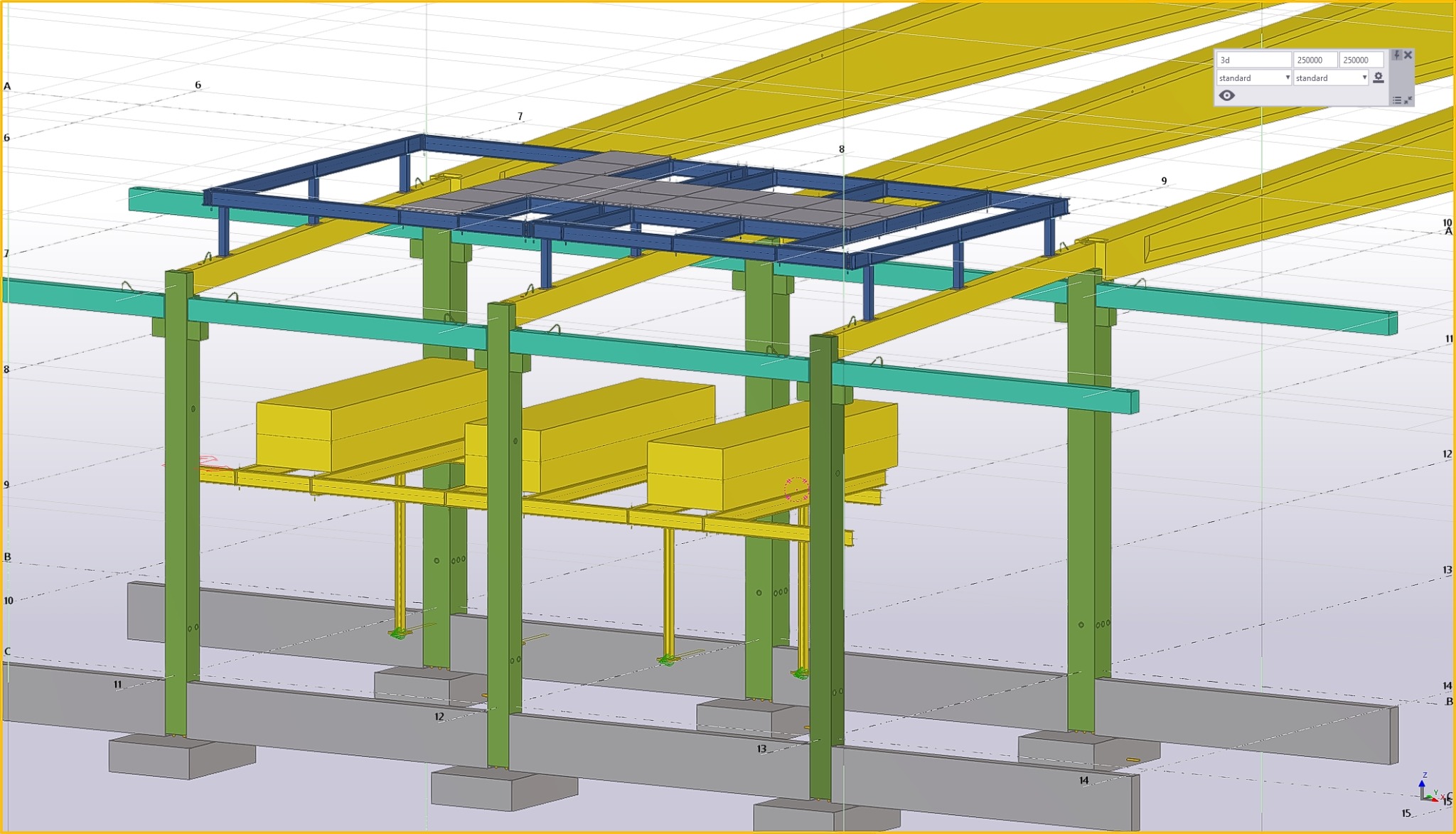 Wizualizacja 3D hali przemysłowej z elementami konstrukcji stalowej w kolorach zielonym, żółtym i niebieskim, ukazująca słupy, belki nośne i fundamenty.