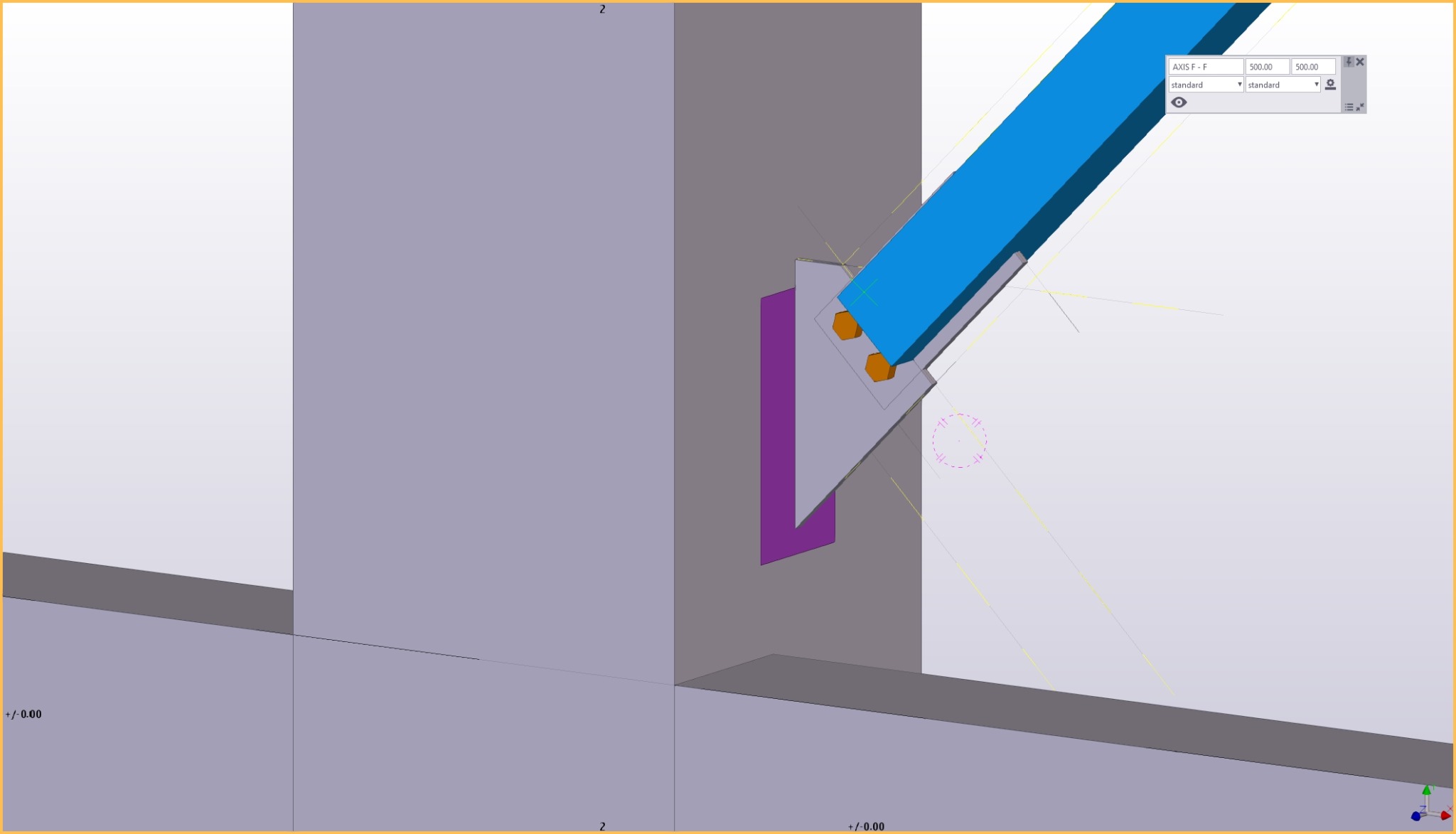Wizualizacja 3D połączenia elementu stalowego z kolumną za pomocą blachy węzłowej i śrub, widok z programu do modelowania konstrukcji.