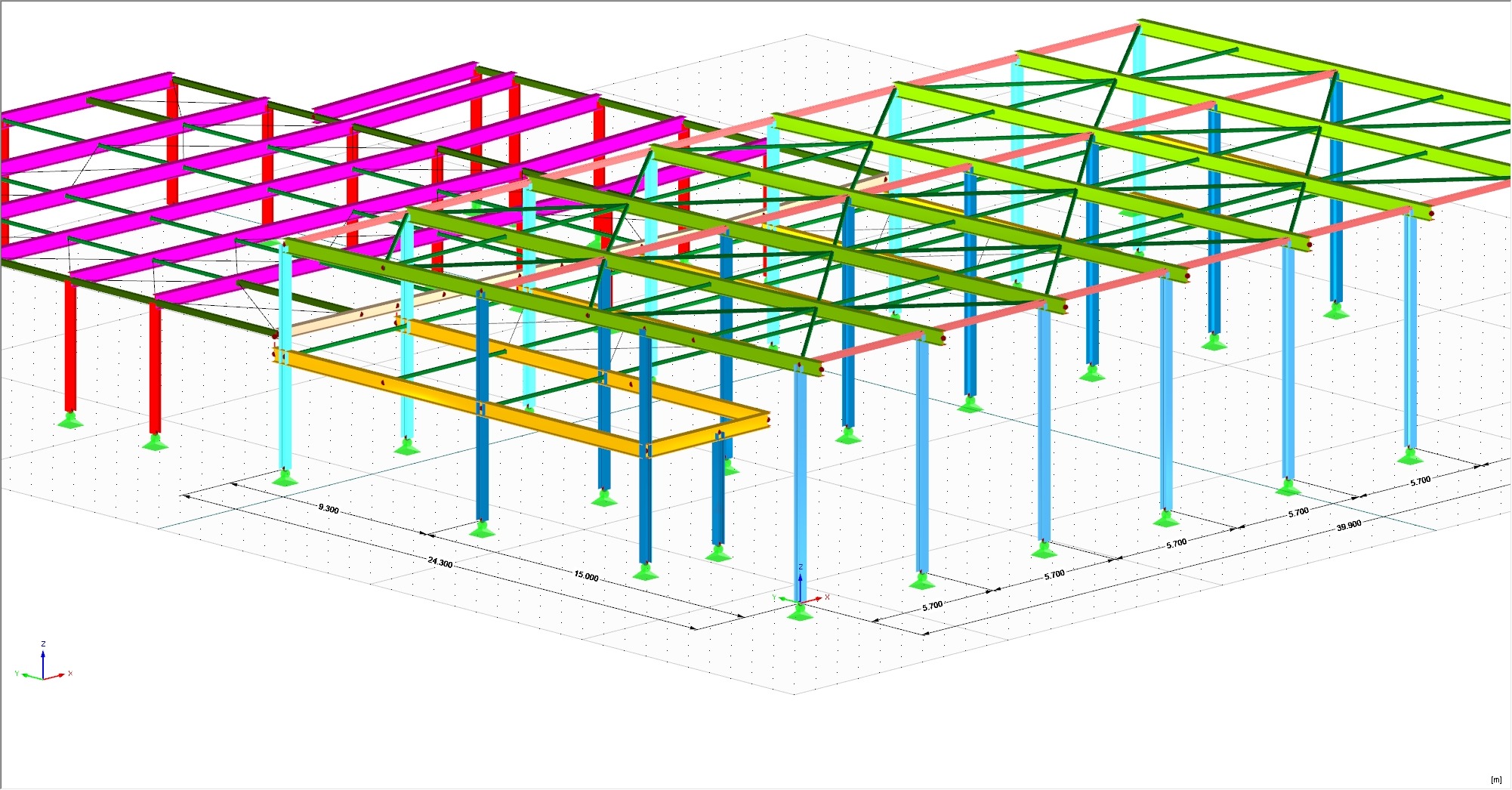 Wizualizacja 3D projektu konstrukcji stalowej hali z kolumnami w kolorze niebieskim, czerwonym i turkusowym, belkami w kolorze zielonym, różowym i żółtym, z naniesionymi wymiarami na siatce.