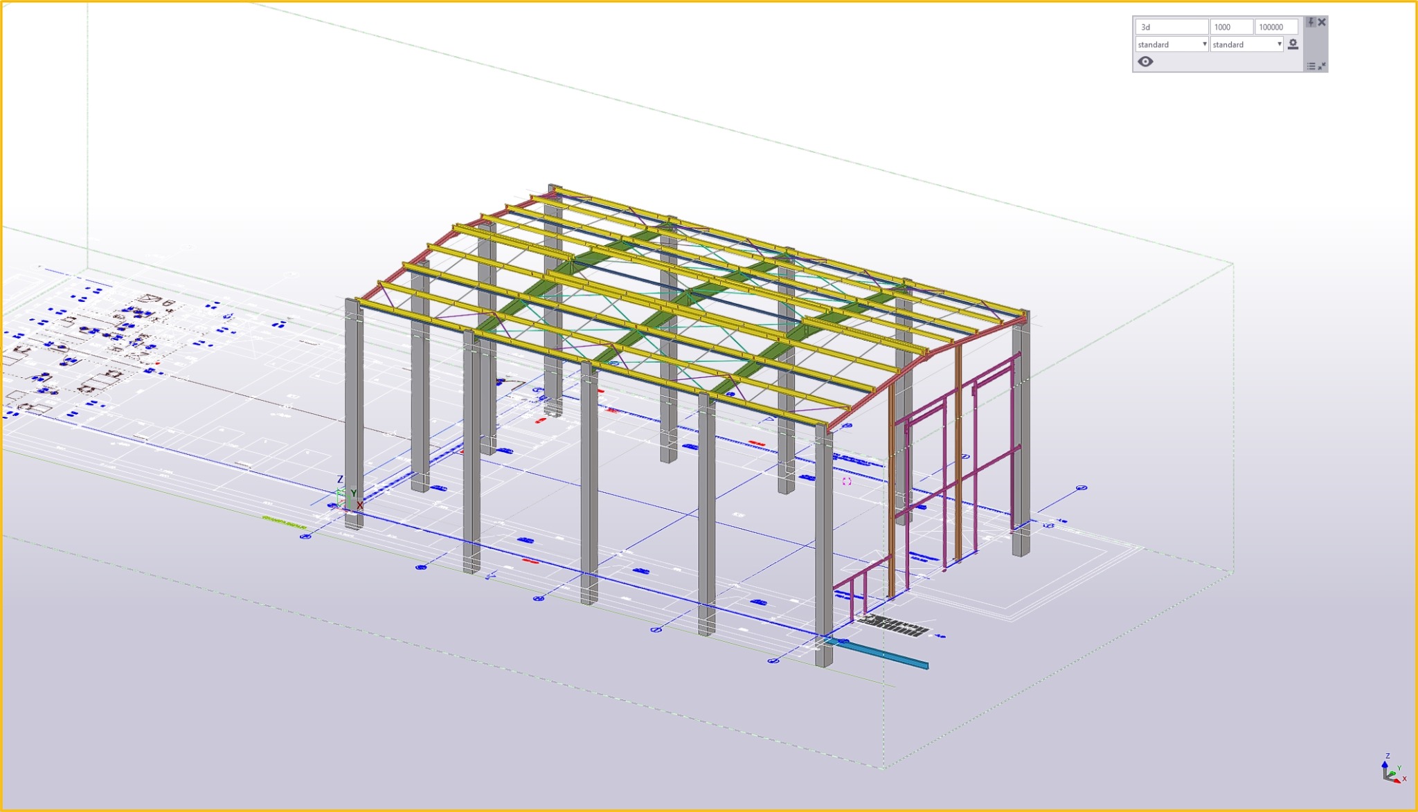 Wizualizacja 3D hali stalowej z widocznymi słupami, ramami i dachem nałożona na plan architektoniczny budynku.