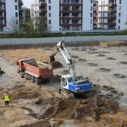 Praca ziemne na budowie: biało-niebieska koparka załadowuje ziemię do pomarańczowej wywrotki, w tle pracownicy w żółtych kamizelkach i nowe budynki mieszkalne.