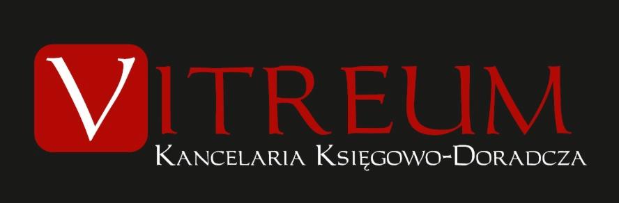 Logo firmy Vitreum Kancelaria Księgowo-Doradcza na czarnym tle. Czerwone litery, biała litera V w czerwonym kwadracie. Elegancki font.
