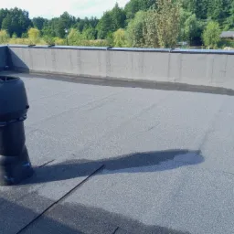 Wykończony dach płaski pokryty papą termozgrzewalną z widocznym kominkiem wentylacyjnym i otaczającą zielenią.