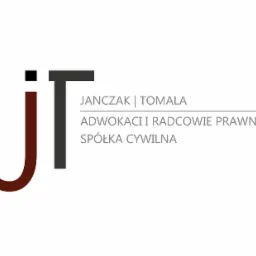 Logo kancelarii prawnej Janczak | Tomala. Minimalistyczny znak graficzny z inicjałami 'JT' w kolorach brązowym i szarym, obok nazwa firmy i informacja o spółce cywilnej.