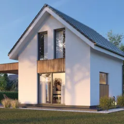 Wizualizacja nowoczesnego, białego domu jednorodzinnego z drewnianymi elementami elewacji i zadaszonym tarasem, otoczonego zielenią.