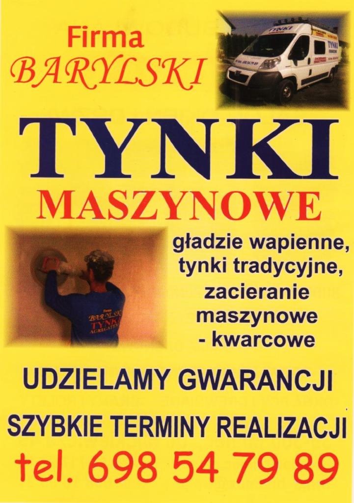 Żółty plakat reklamowy firmy Barylska Tynki z ofertą na gładzie wapienne, tynki tradycyjne i zacieranie maszynowe kwarcowe, z numerem telefonu i zdjęciem busa oraz pracownika w trakcie pracy.