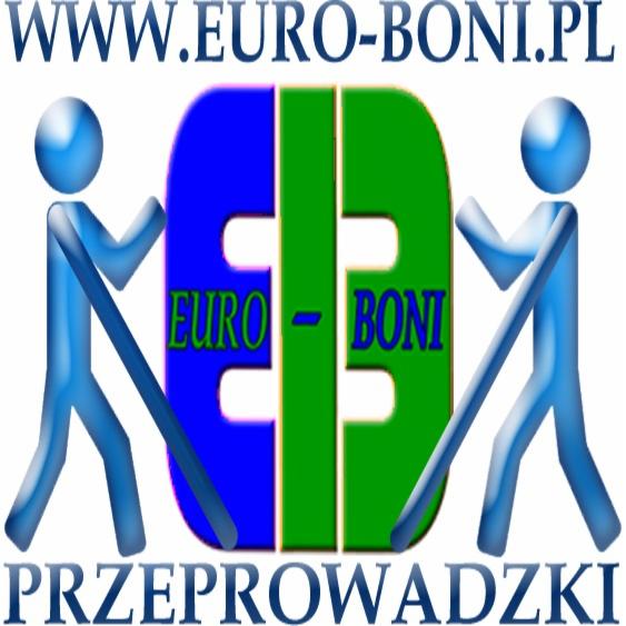 Grafika z logo firmy Euro-Boni.pl, przedstawiająca dwie stylizowane postacie niosące niebieskie i zielone elementy logo, z tekstem 'EURO - BONI' wewnątrz i napisem 'PRZEPROWADZKI' na dole.