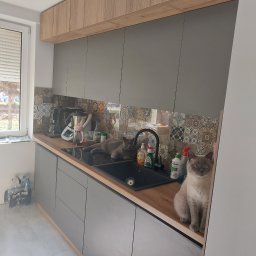 AS line - Szara kuchnia z drewnianymi akcentami, mozaiką nad blatem i dwoma kotami: jeden leży w zlewie, drugi siedzi na blacie.