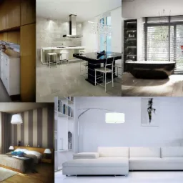 Kompozycja wnętrz: minimalistyczna kuchnia z wyspą, elegancka łazienka z czarną wanną, przytulna sypialnia z lampą wiszącą i salon z narożnikiem, w jasnych, nowoczesnych aranżacjach.