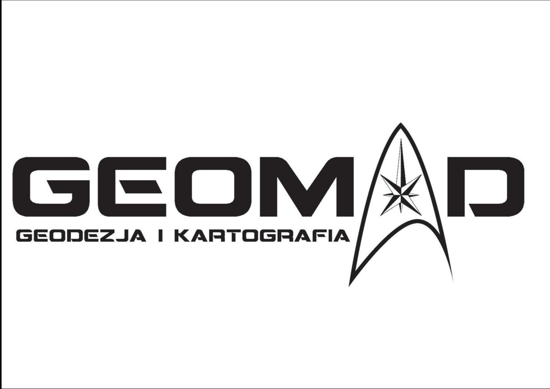 Czarne logo firmy GEOMAD z napisem 'GEODEZJA I KARTOGRAFIA' poniżej, stylizowane na symbol Star Trek.
