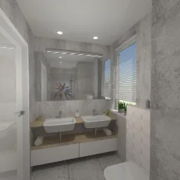 Wizualizacja łazienki z dwoma umywalkami nablatowymi, szarą teksturowaną ścianą, lustrem z widocznym odbiciem dekoracji, oraz białą toaletą z geometrycznym wzorem na ścianie.