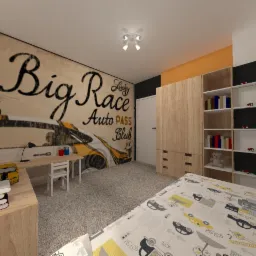 Pokój dziecięcy z tapetą w motywie wyścigowym, biurkiem z lampką i łóżkiem z pościelą w samochodziki, z drewnianą szafą i półkami na zabawki.