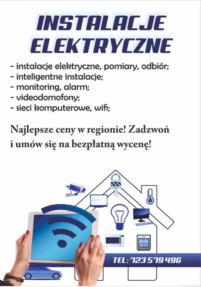 Plakat reklamowy usług elektrycznych z listą oferowanych prac, ikonami urządzeń i tabletem w rękach, prezentujący sieć WiFi.
