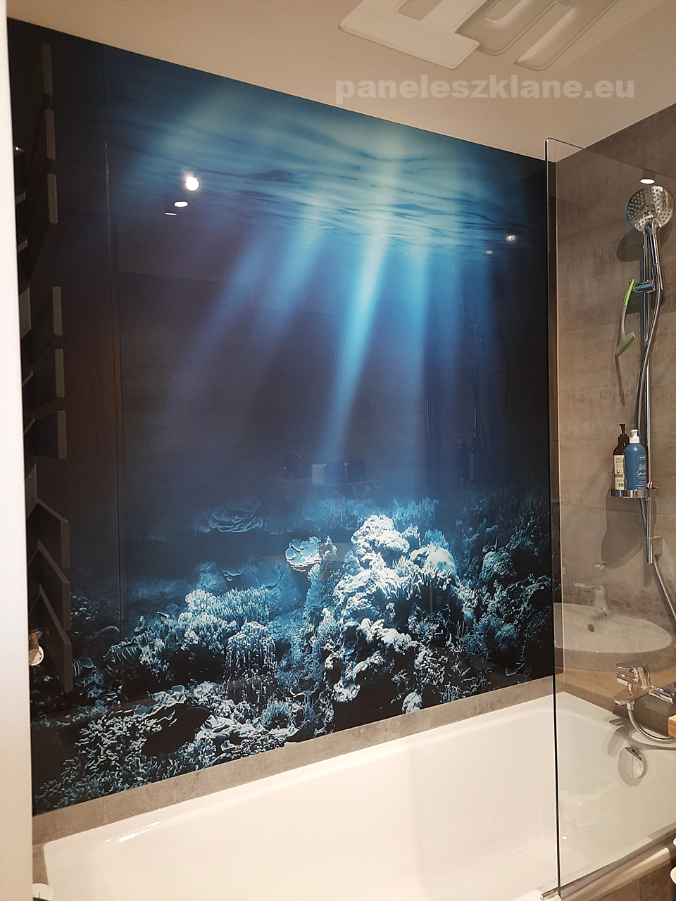 Szklany panel ścienny w łazience z motywem podwodnego krajobrazu z koralowcami i promieniami światła, widoczna kabina prysznicowa i wanna.