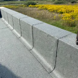 Szary, płaski dach z papy termozgrzewalnej z widocznymi obróbkami blacharskimi na krawędzi, na tle łąki z żółtymi kwiatami; radio budowlane DeWalt stoi na dachu.