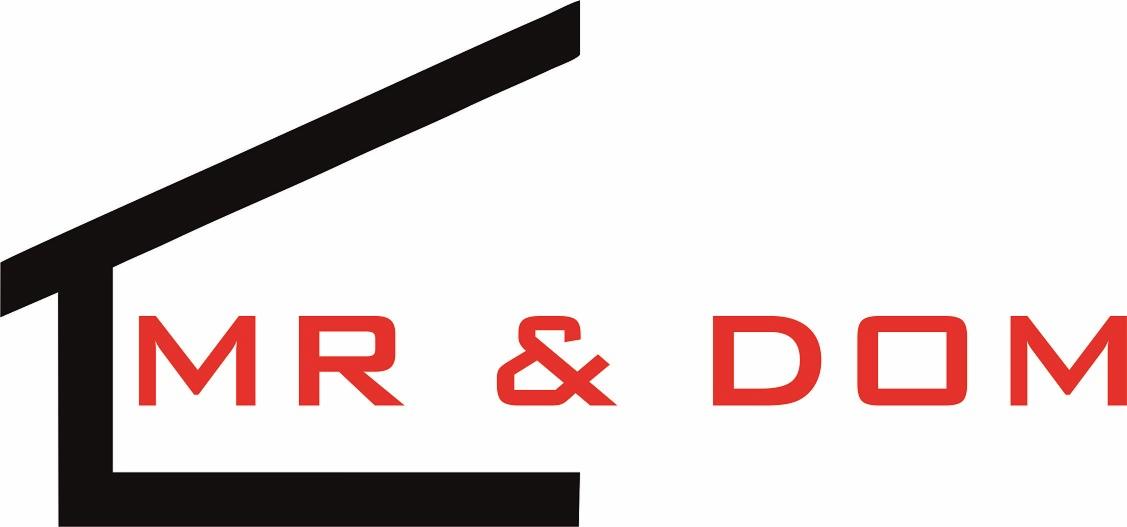 Minimalistyczne logo firmy 'MR & DOM' z czarnym symbolem domu i czerwonym napisem na białym tle. Logo prezentuje się nowocześnie i profesjonalnie.