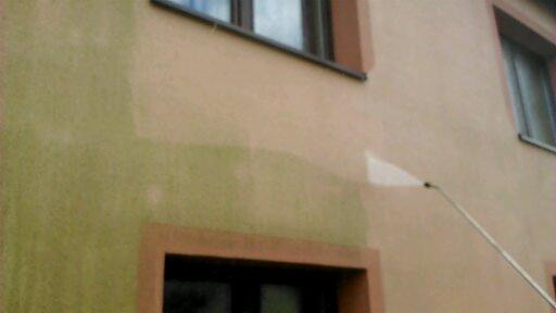 Czyszczenie elewacji budynku z zanieczyszczeń biologicznych przy użyciu myjki ciśnieniowej, widoczny efekt przed i po zabiegu.