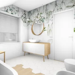 Wizualizacja łazienki w stylu skandynawskim z motywem liści na ścianie, drewnianą szafką pod umywalką i drewnianym siedziskiem drabinkowym