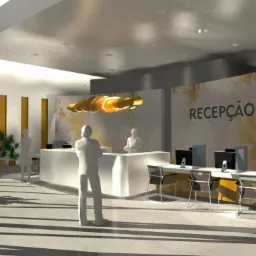 Wizualizacja recepcji w biurze w Łodzi. Nowoczesny design z elementami dekoracyjnymi i jasnym oświetleniem, stanowiska pracy z komputerami.