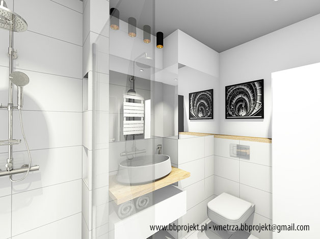 Wizualizacja nowoczesnej łazienki z kabiną prysznicową typu walk-in, umywalką nablatową na drewnianym blacie, białymi płytkami i czarnymi lampami sufitowymi oraz dwoma czarno-białymi obrazami...