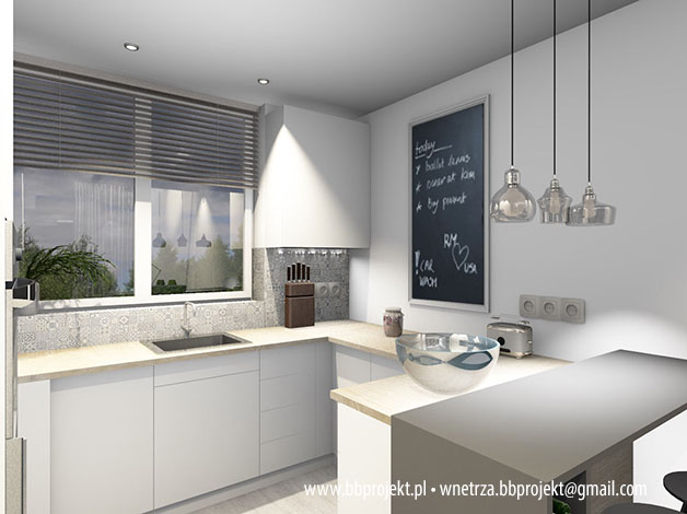 Wizualizacja nowoczesnej kuchni z białymi szafkami, drewnianym blatem i czarną tablicą kredową z napisem 'Today's'. Nad blatem wiszą trzy szklane lampy o różnych kształtach. Na parapecie doniczka...