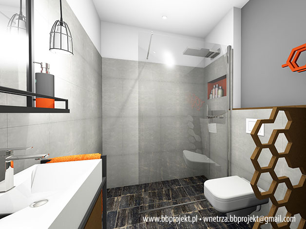Wizualizacja nowoczesnej łazienki z kabiną prysznicową typu walk-in, umywalką nablatową, toaletą podwieszaną i dekoracyjnym panelem z motywem plastra miodu.
