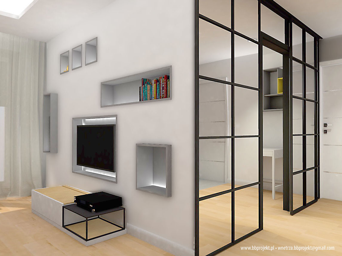 Wizualizacja salonu z telewizorem na ścianie, półkami wnękowymi i przesuwnymi drzwiami szklanymi z czarnymi ramami, widok na biurko w dalszej części pomieszczenia.