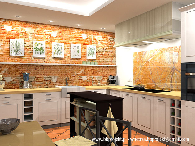 Wizualizacja kuchni z ceglaną ścianą, białymi szafkami i ciemną wyspą na kółkach, uzupełniona o grafiki z motywami roślinnymi.