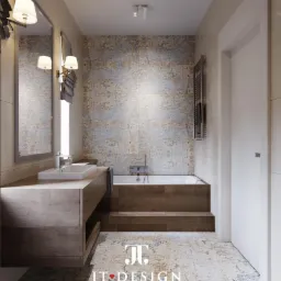 Nowoczesna łazienka z drewnianą zabudową wanny i umywalki, wzorzyste płytki na ścianach, lustro z oświetleniem i dekoracyjny dywan na podłodze.