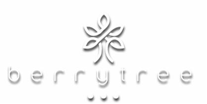 Minimalistyczne, białe logo firmy Berrytree z subtelnym symbolem drzewa i cieniem, na jasnym tle. Elegancki znak graficzny.