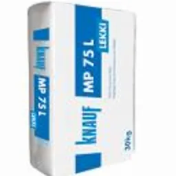 Worek gładzi gipsowej Knauf MP 75L LEKKI, białe tło, niebieskie akcenty, waga 30kg.