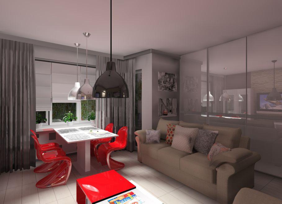 Wizualizacja wnętrza mieszkania z czerwonymi krzesłami o futurystycznym kształcie przy białym stole, beżową sofą z dekoracyjnymi poduszkami i trzema lampami wiszącymi nad stołem.