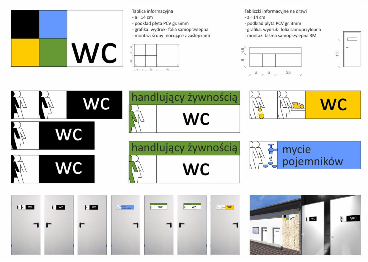 Zestawienie różnych tabliczek informacyjnych i oznaczeń WC, w tym tabliczki z informacjami technicznymi, grafiki na drzwiach oraz przykłady zastosowania w przestrzeni architektonicznej.