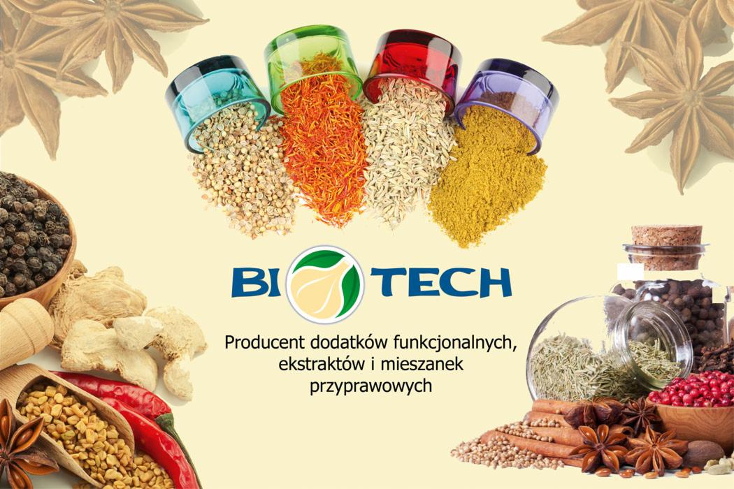 Kolorowe przyprawy w słoikach i miseczkach, z logo 'BI TECH' i tekstem o dodatkach funkcjonalnych, ekstraktach i mieszankach przyprawowych. Różnorodność barw i faktur.