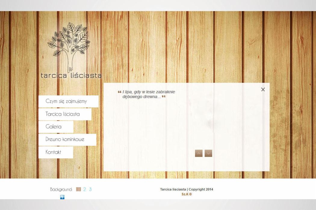 Strona internetowa firmy Tarcica Liściasta z elementami menu, logo drzewa i oknem dialogowym z cytatem na tle drewnianych paneli.
