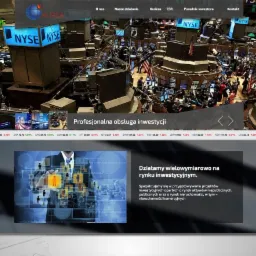 Fragment strony internetowej firmy KLGSA z widokiem na giełdę nowojorską NYSE i informacjami o profesjonalnej obsłudze inwestycji, a także z grafiką przedstawiającą interakcje międzyludzkie...