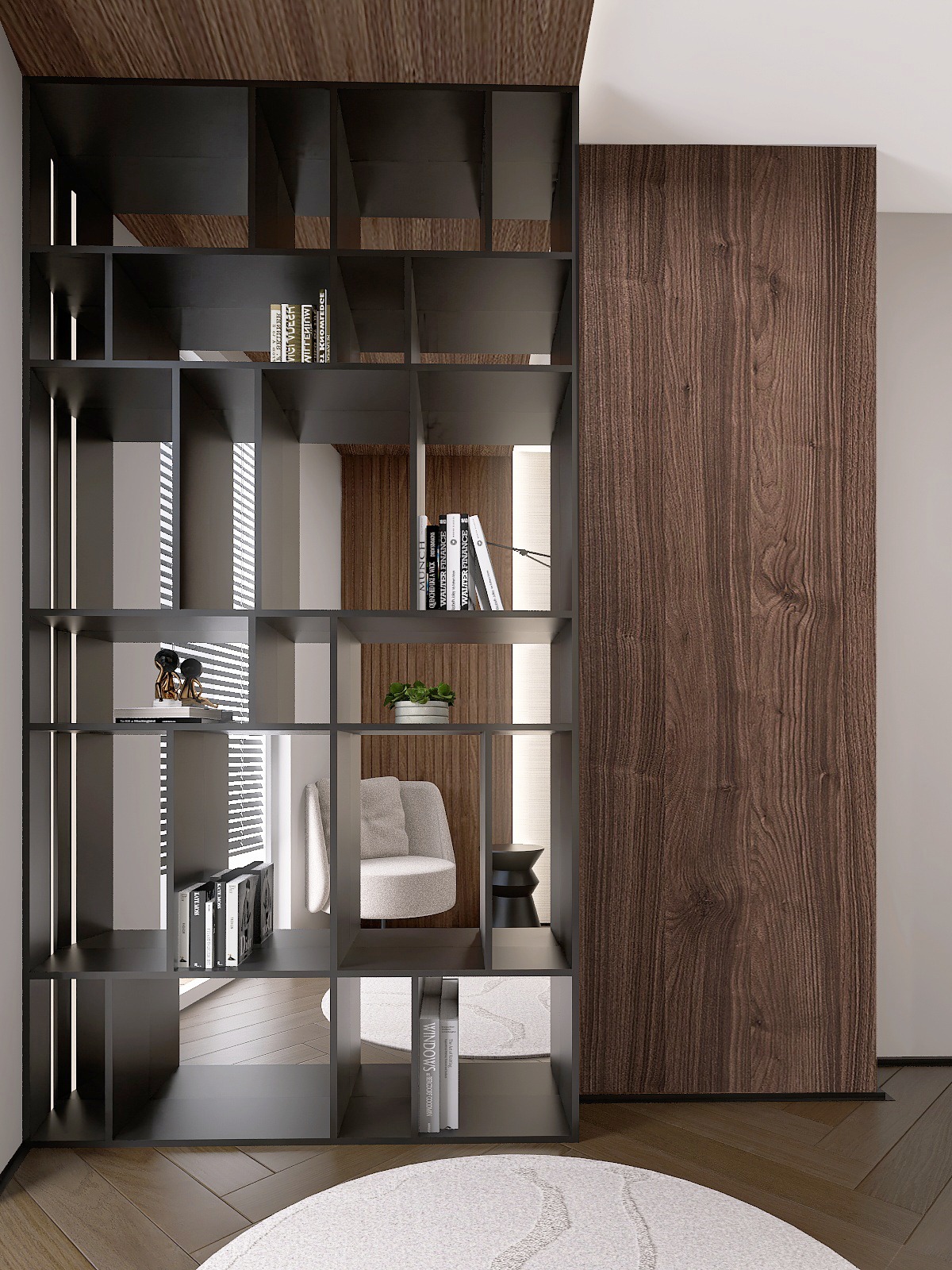 Nowoczesny regał z podświetleniem, na tle drewnianej ściany i jasnego fotela. Minimalistyczny design i stonowana kolorystyka wnętrza.